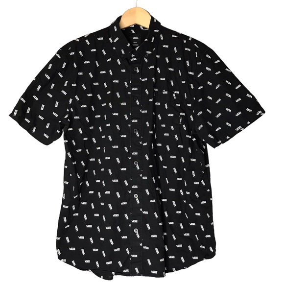 Vans Button Down Shirt Black White Spellout Short Sleeve Cotton Men’s Medium - Picture 1 of 10